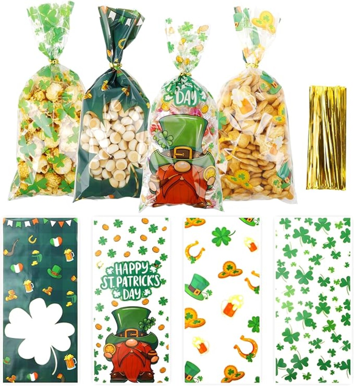 St. Patrick's Day Cellophane Treat Bags, 100PCS St. Patrick's Day Cellophane Bags, Green Lucky Shamrock Candy Bags Goodie Bags Gift Bags with 100PCS Twist Ties for St. Patrick Day Irish Party Supplies
